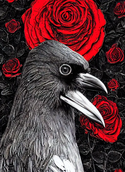 Image similar to portrait, A crow with red eyes in front of the full big moon, book cover, red roses, red white black colors, establishing shot, extremly high detail, foto realistic, cinematic lighting, pen and ink, intricate line drawings, by Yoshitaka Amano, Ruan Jia, Kentaro Miura, Artgerm, post processed, concept art, artstation, matte painting, style by eddie mendoza, raphael lacoste, alex ross