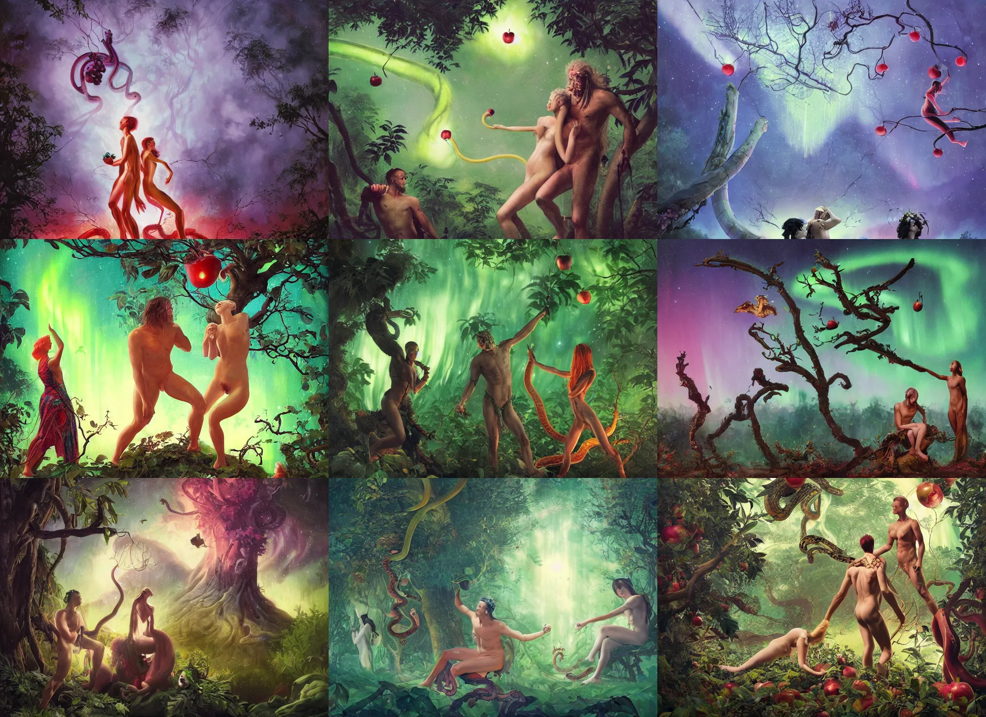 Prompt: adam and eve in a majestic luxurios singaporean forest picking an apple on a tree during aurora borealis, with an evil snake in the backdrop, by ruan jia, adim kashin, martine johanna, yoann lossel, jakub rebelka, james jean, rule of thirds, sia look, intricate,