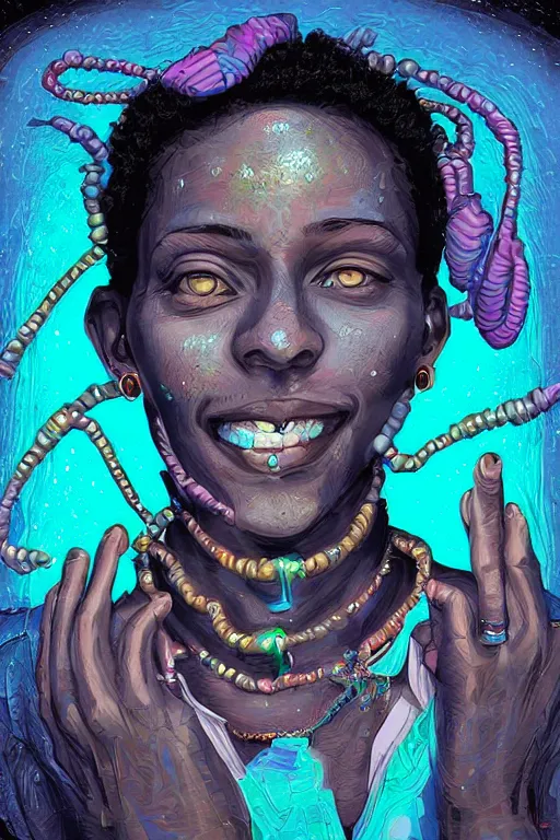 Prompt: portrait of very happy jewel djinn jeweler in the style of Rob Lefield and Dan Mumford , trending on artstation, digital art,surrealism ,macro,blueprint ,vaporwave ,