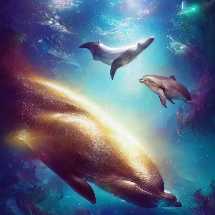 Prompt: glimmering whale, dolphins, golden hour, god rays, coral reef, dreamscape by artgerm and ruan jia and ismail inceoglu and greg olsen, cosmos, milky way galaxy, masterpiece, beautiful, intricate, elegant, highly detailed