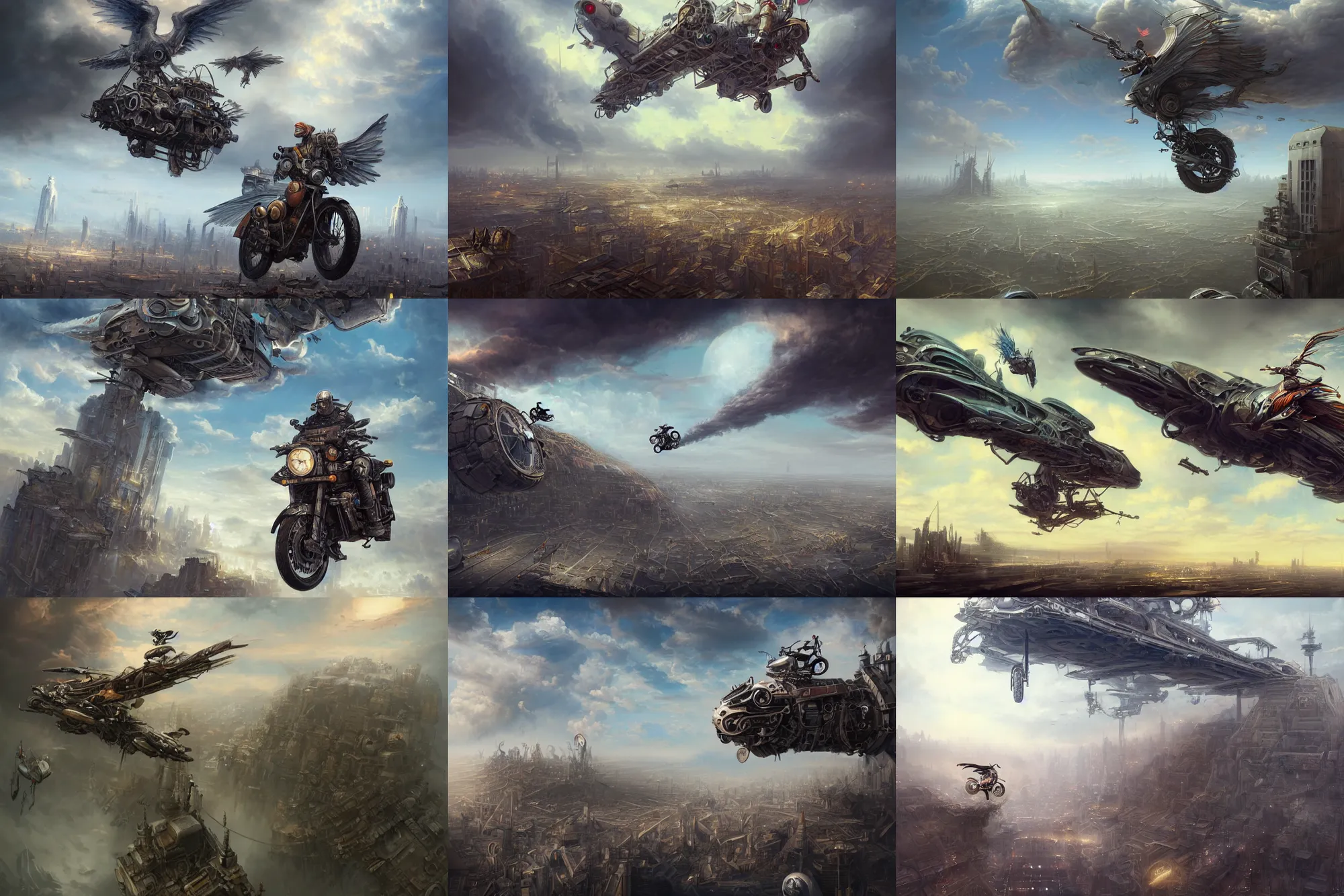 Prompt: a stunning ultra detailed fine art illustration of a motorcycle hovering over a dystopian city, clouds, by peter mohrbacher and igor morski, very detailed, 2 4 mm lens, deep depth of field, artstation, 8 k