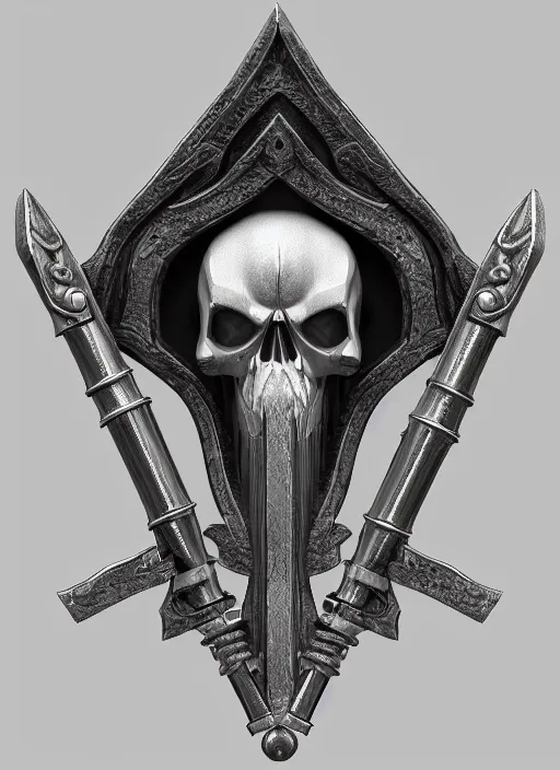 Image similar to a black and silver sword skull crest, orthographic, ornament, weapon, a 2 d render by dom qwek, front side, concept art, trending on polycount, artstation, hard surface modeling, rendered in maya, zbrush, hd, vray, blizzard, symmetry