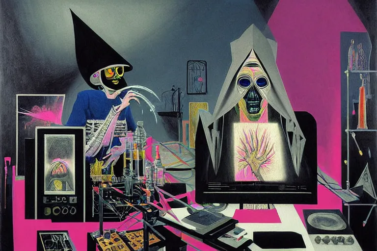 Prompt: a highly detailed beautiful masterpiece painting of a technomancer wizard in dazzle camouflage robes with pointed hood tampering with the world engine in his laboratory near a computer by Remedios Varo and Anato Finnstark and Greg Rutkowski and Andy Warhol and Francis Picabia, dayglo pink, dayglo blue, prismatic, pearlescent white, raven black, hyperrealism, 8k, trending on ArtStation