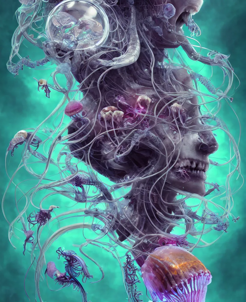 Image similar to goddess close-up portrait ram skull, thorax, x-ray, backbone, jellyfish phoenix head, nautilus, orchid, skull, betta fish, bioluminiscent creatures, intricate artwork by Tooth Wu and wlop and beeple. octane render, trending on artstation, greg rutkowski very coherent symmetrical artwork. cinematic, hyper realism, high detail, octane render, 8k