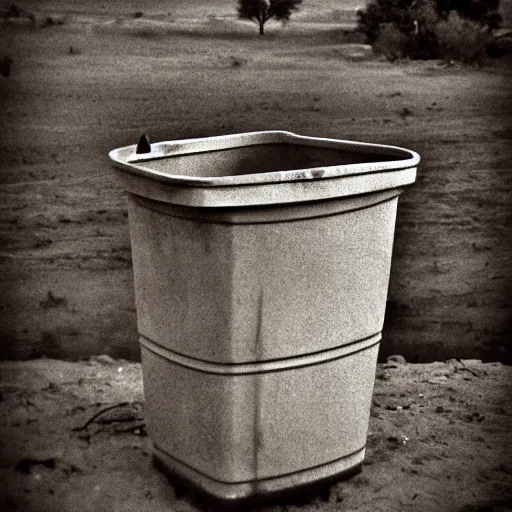 Prompt: a trash can in the Wild West, photography, sepia tone,