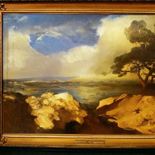 Prompt: incredible oil painting by goya, american romanticism, depicting nature landscape, bright, water, ocean, plants