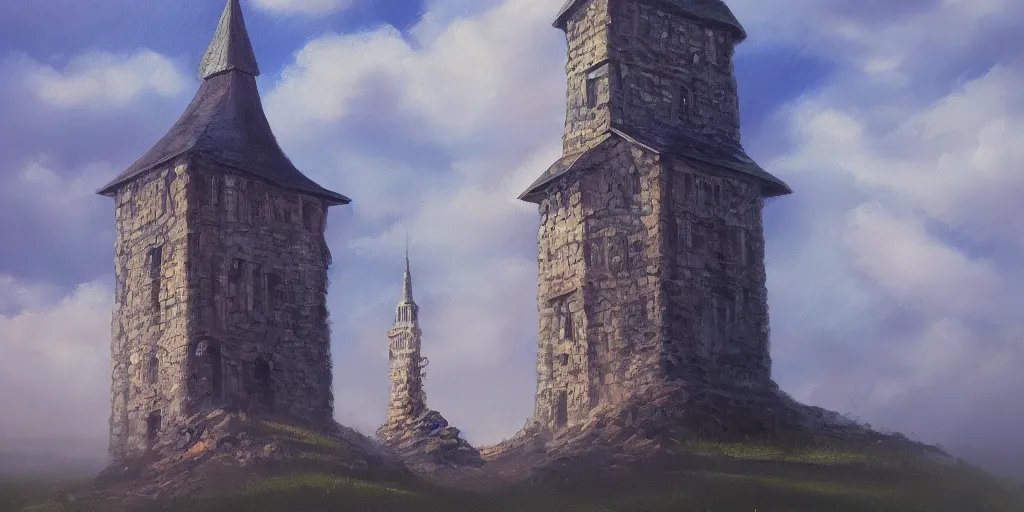 Prompt: an oil painting of a tower on the edge of forever, fantasy, hyper realistic, dramatic lighting, cinematic, 35mm lens, 2k,