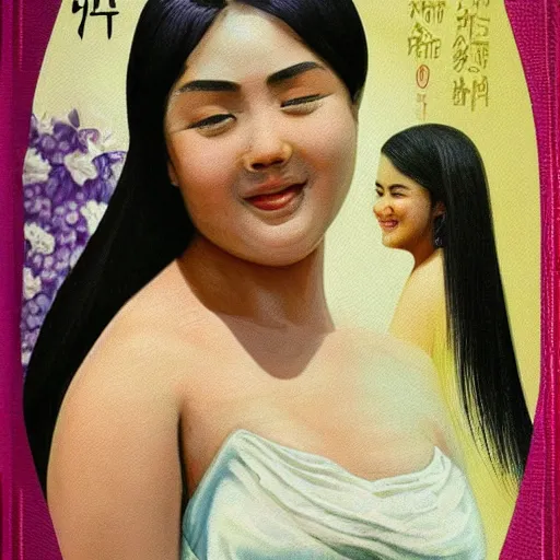 Image similar to zi di had a head of curvy black hair, and her pale skin glistened with sweat, giving her a delicate appearance. her features were defined, and she had a beautiful smile beyond the ordinary. the most attractive part of her was her big, purple eyes, shining like clear amethyst.