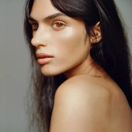 Prompt: Portrait photo of a Brazilian Supermodel, long dark hair, olive skin, she has beautiful bone structure, posed in profile, studio lighting, highly detailed, cinestill 800t