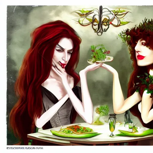 Image similar to a beautiful picture of doctor poison ivy professor of botany and doctor liliana onyx professor of demonology having lunch, academic clothing, dark eyeliner, intricate, elegant, highly detailed, digital painting, artstation, concept art, matte, sharp focus, illustration, art in a baroque style