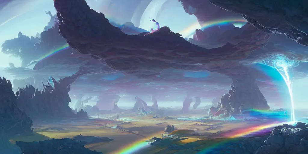 Image similar to bifrost the rainbow bridge across realities by peter mohrbacher and marc simonetti and craig mullins