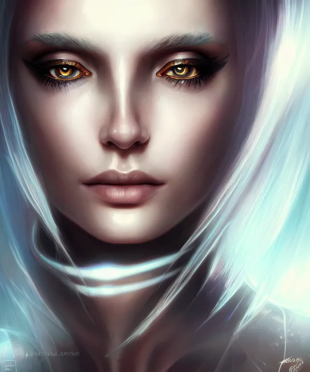 Image similar to futuristic woman portrait, sci - fi, amber eyes, face, long hair, fantasy, intricate, elegant, highly detailed, digital painting, artstation, concept art, smooth, sharp focus, illustration, art by artgerm and marta dahlig