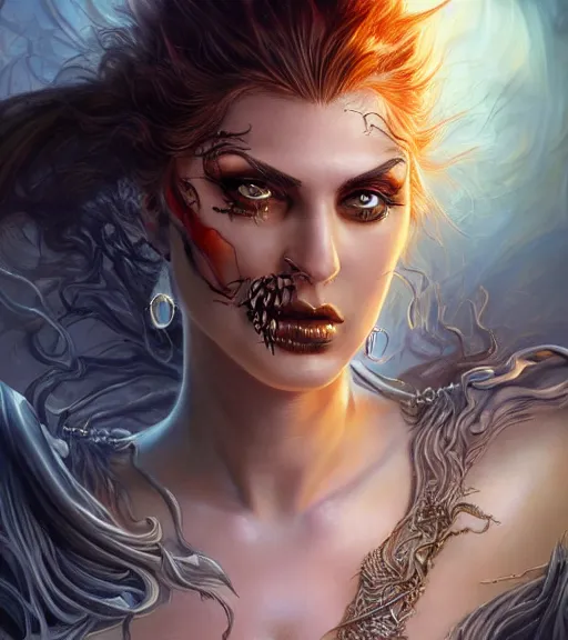 Image similar to a higly detailed airbrush full body shot and face portrait painting of a grim female sorceress with piercing eyes beautiful eyes, dynamic lighting, ambient lighting, deviantart, art by artgerm and karol bak and boris vallejo