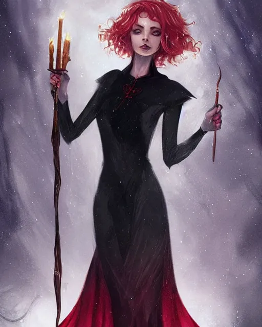 Image similar to tarot, beautiful wicked female occultist, sweeping ombre blonde hair, red eyes, black velvet dress, dark colors, magic Amulet, raven, fantasy painting, trending in Artstation, GSociety, by Charlie Bowater, Brom, Bastien Lecouffe-Deharme