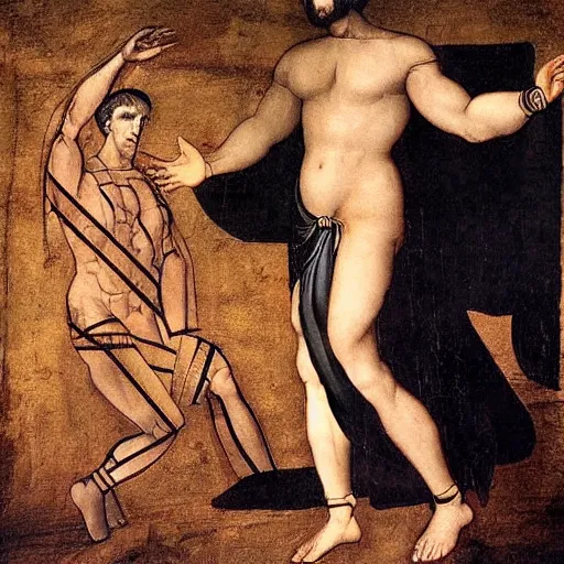 Prompt: painting of black adam as adam in the creation of adam by leonardo davinci