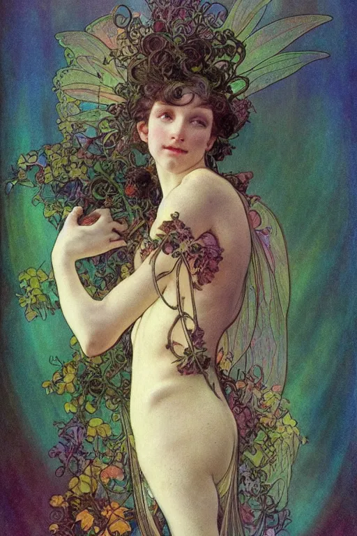 Image similar to a beautiful dressed faerie, detailed, rainbowshift, by maxfield parrish, alphonse mucha, brian froud