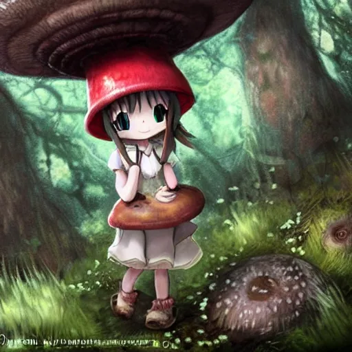 Image similar to cute little girl with a mushroom hat in dark forest, cute artwork, clean detailed, inspired in made in abyss