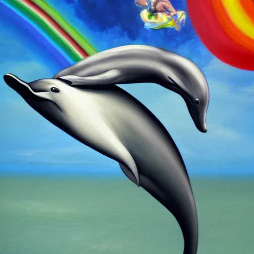 Image similar to a hyper realistic painting of the grim reaper riding a dolphin over a rainbow, highly detailed, vivid color,