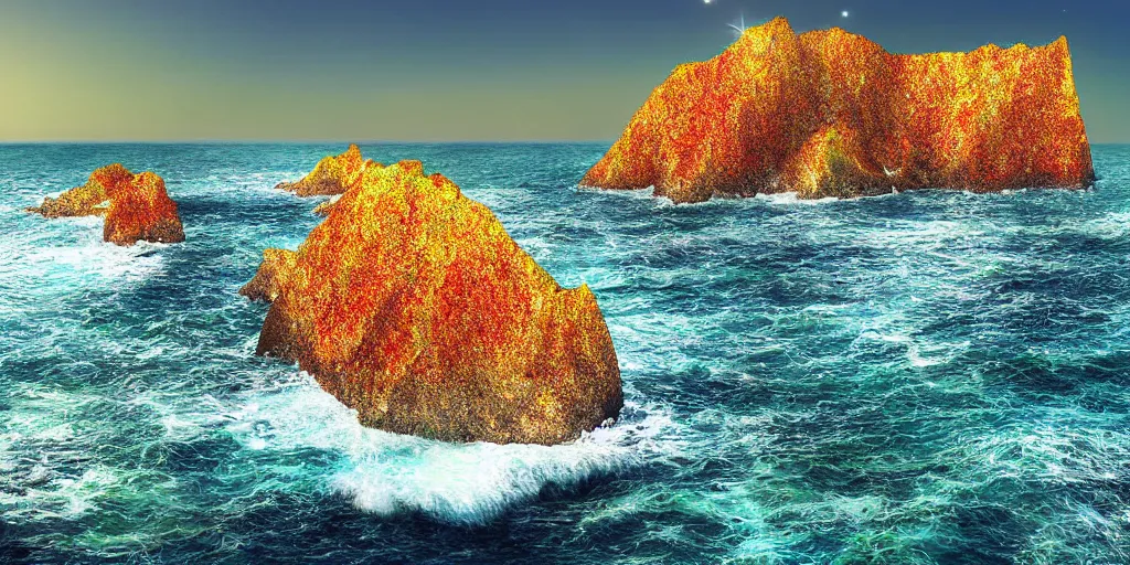 Image similar to glittering multicolored crystal cliffs, viewed from the ocean, high quality digital art,