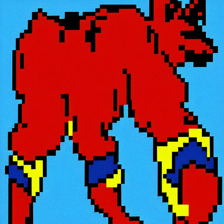 Image similar to full body portrait. 8 bit nes graphics. antropomorphic muscular masculine wolf. kickboxer fighter, in shorts. wolf head. furr on body. red, black, yellow, blue, magenta, pink colors