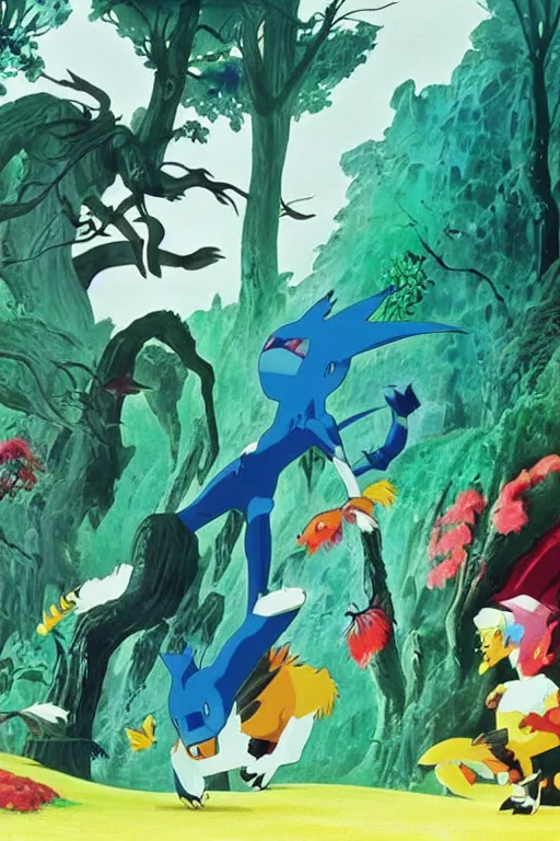 Prompt: an eyvind earle and theodor severin kittelsen collaborative painting of a scene from digimon world ( 1 9 9 9 ), vhs static