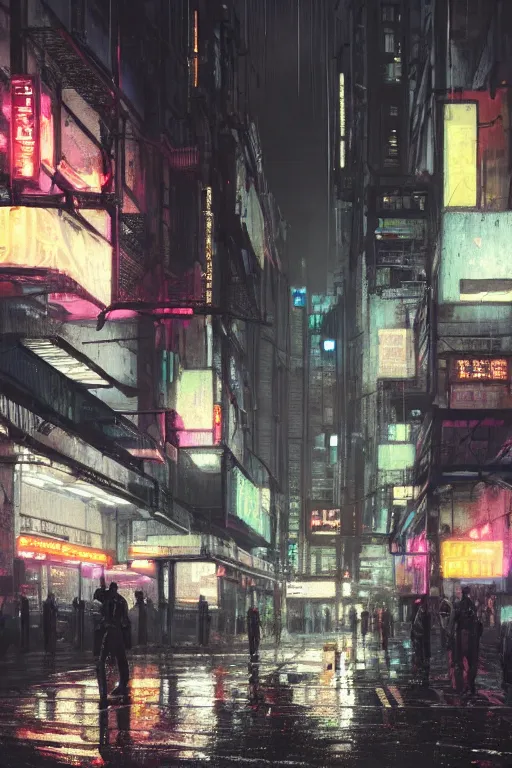 Image similar to a brutalist cyberpunk city street at night, raily season, very wet, neon lights and adds, architecture, a realistic digital painting by greg rutkowski and james gurney, trending on artstation, very highly detailed, 8 k