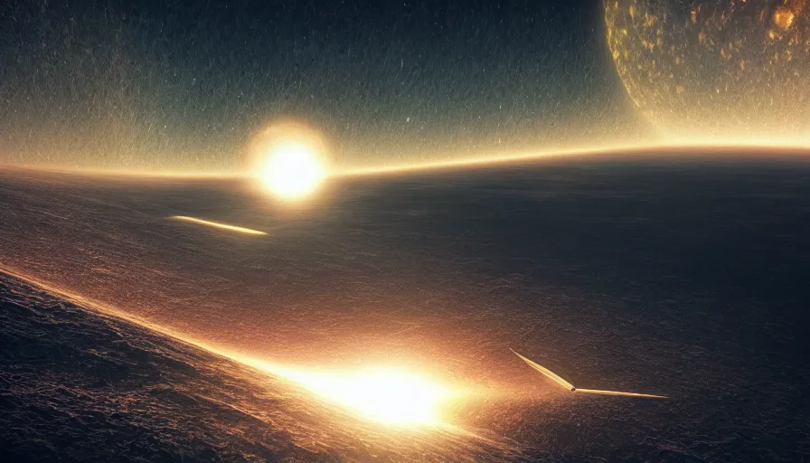 Image similar to no man's sky, solar sail between sun and earth, cinematic, digital art