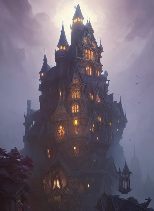 Image similar to a haunted castle, deep focus, d & d, fantasy, intricate, elegant, highly detailed, digital painting, artstation, concept art, matte, sharp focus, illustration, hearthstone, art by artgerm and greg rutkowski and alphonse mucha