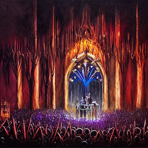 Image similar to metal band performing live on stage, gothic style with lights and large sound speakers, by Megan Duncanson and Raphael Lacoste, detailed 3d gothic oil painting