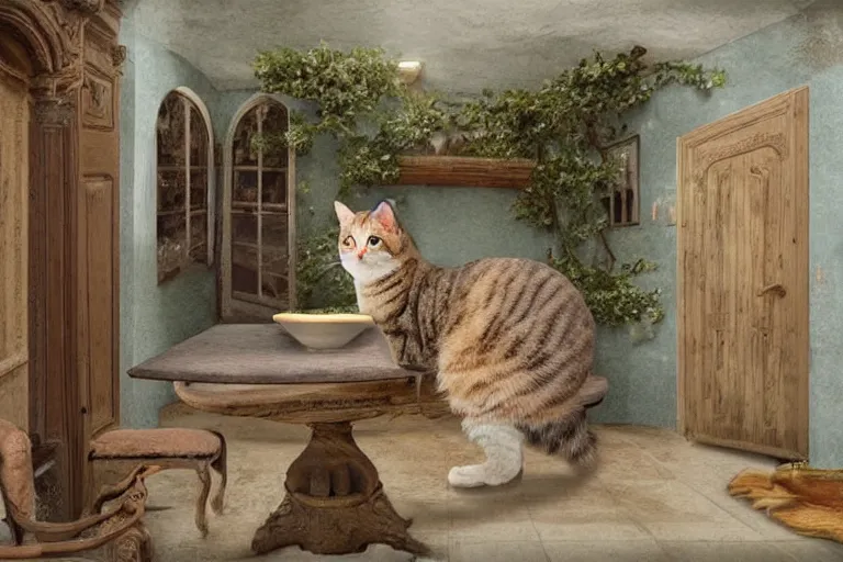 Prompt: a very very very very detailed matte painting of Cute Cat sitting in center of Provence style Room,