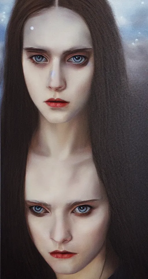 Prompt: hyperrealism oil painting, extra close-up portrait 70s female cyborg, pale skin, grey eyes, sense of mystery and loneliness, old artbook, night sky, in style of classicism mixed with 70s japan book art