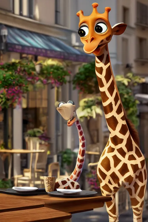 Image similar to a giraffe with big eyes looking for a cup of coffee in beautiful morning café in Paris. Pixar Disney 4K 3d render funny animation movie Oscar winning trending on ArtStation and Behance. Ratatouille style.