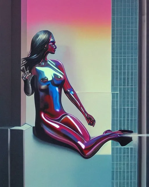 Image similar to a picture of a woman sitting on a ledge, cyberpunk art by allen jones and by james rosenquist and by noriyoshi ohrai, cgsociety, figurative art, airbrush art, made of liquid metal, synthwave