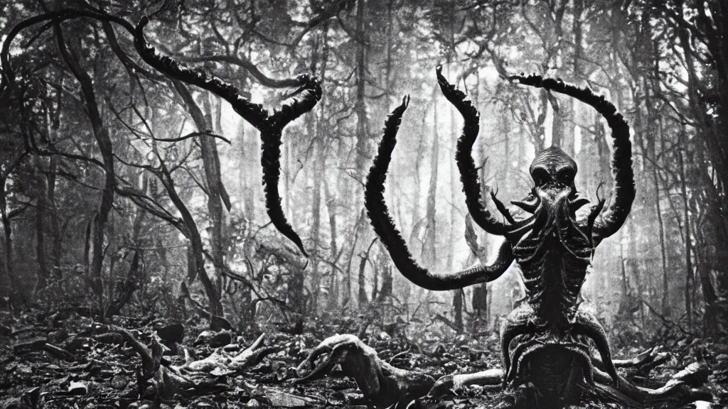 Prompt: An epic photo of an ancient terrifying Cthulhu in dark forest, consuming and eating and destroying a futuristic. by Diane Arbus and Louis Daguerre. highly detailed. 85mm, Bokeh