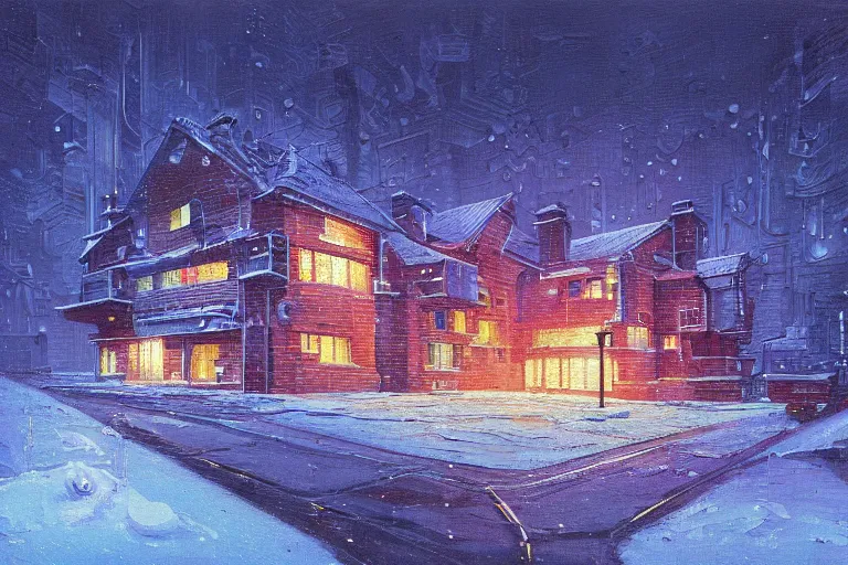 Image similar to cyberpunk, winter in the snow, external view of a 5 bedroom detached cyberpunk house in the UK, by Paul Lehr