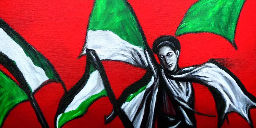 Image similar to dramatic painting of freedom for palestine, red green white black