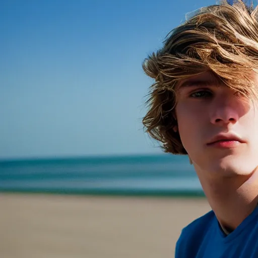 Image similar to portrait of a beautiful teenage boy around 2 0 yo. natural blonde hair, pale skin. beach background. detailed face.