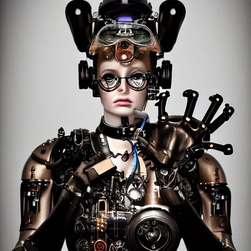 Image similar to a beautiful intricate fine art portrait photo of a mechanical industrial steampunk cybernetic sommelier, by natalie shau and zach sutton, perfection!, studio lighting, 35mm lens, very detailed, ring light in the eyes, bionic, cybernetic scifi, deep depth of field, artstation, 8K, highly coherent