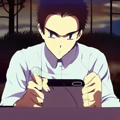 Prompt: man looks at his phone at night, in style of anime