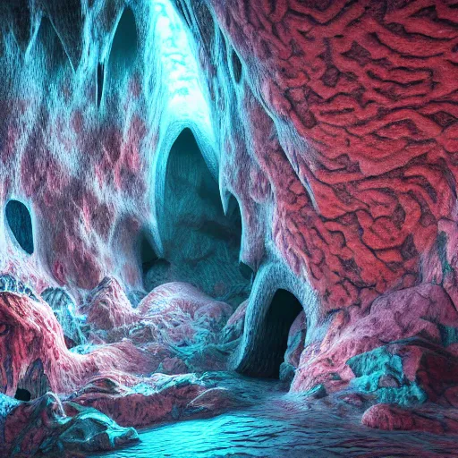 Image similar to organic fractal cave with beautiful colors with lurking monster, render, octane, cgi, mandelbulb3d