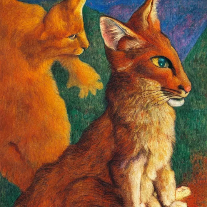 Prompt: close portrait of cute fluffy caracal, with ancient greek city with marble columns temple. sun through the clouds, vivid iridescent colors. agnes pelton, egon schiele, munch, henri de toulouse - lautrec, utamaro, monet