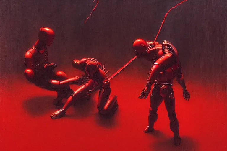 Image similar to only with red, a red cyborg samurai, tokio futuristic in background, some evil yokai fight, in the style of beksinski, parts by edward hopper, parts by rodcenko, parts by yue minjun, intricate and epic composition, red by caravaggio, insanely quality, highly detailed, masterpiece, red light, artstation, 4 k