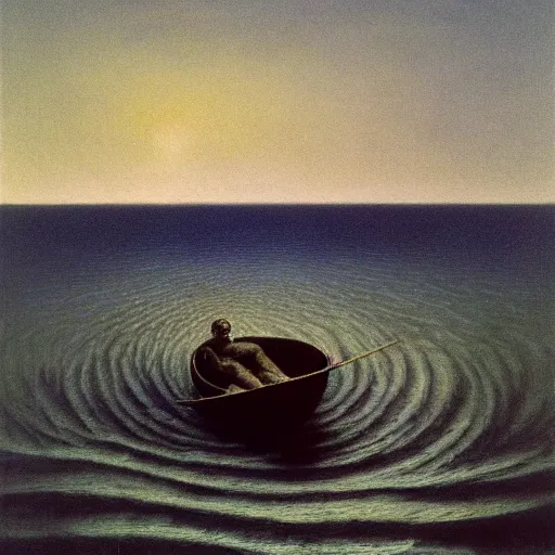 Prompt: a skiff by Zdzisław Beksiński, oil on canvas