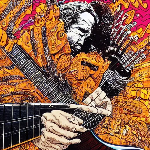 Image similar to A stunning illustration of eddie van halen playing guitar on stage, hyperdetailed mixed media artwork combining the styles of Micheal Kaluta and Geof Darrow, wild power, frantic excitement, emotional release, cathartic headbanging, perfectly symmetrical facial features, 8k, deeply detailed, cinematic lighting