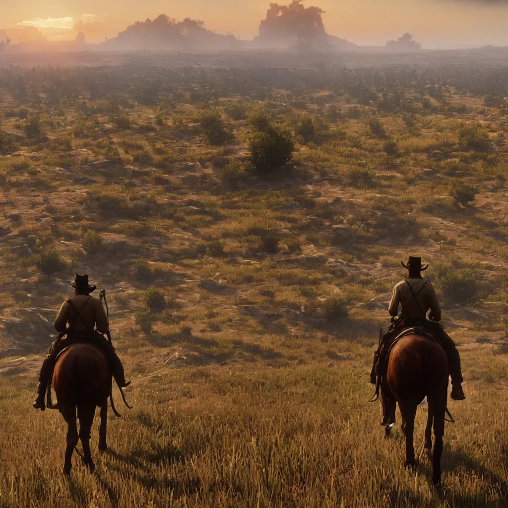 Prompt: Pre-rendered cutscene from Red Dead Redemption 2, wide open plains by greg rutkowski