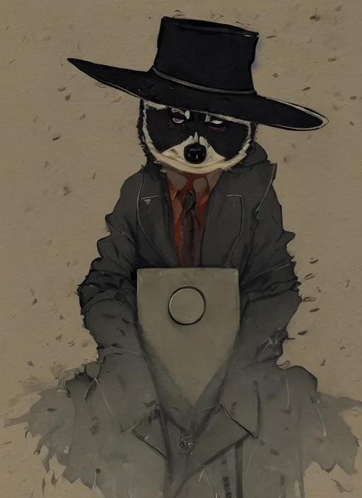 Image similar to a dramatic gouache portrait of an anthropomorphic raccoon mob boss, by posuka demizu, by stephen gammell, by victo ngai, by george ault, in the style of mafia, artstation