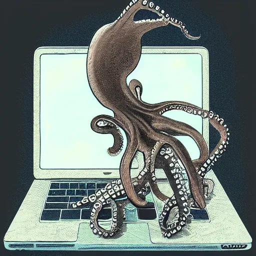 Image similar to Laptop computer being used by an octopus in the style of Emily Willoughby, paleoart