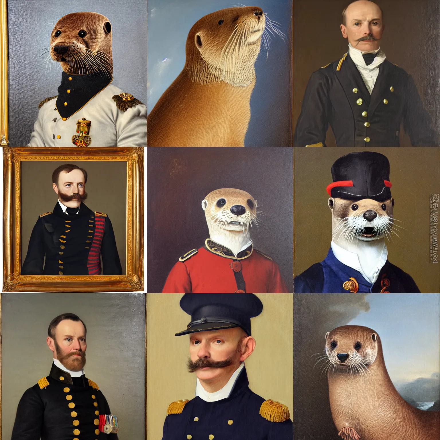 Prompt: River otter in a 19th-century admiral's uniform. Portrait, 8k resolution, oil on canvas.