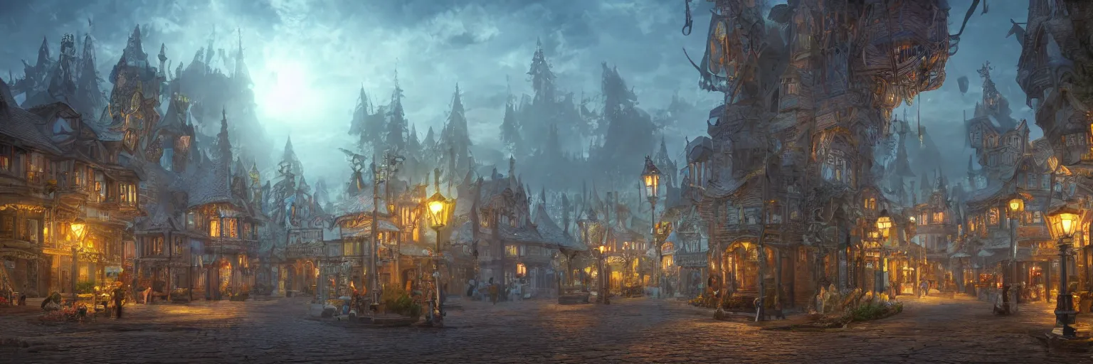 Prompt: A magical fantasy town. by Allayn Stevens. Hyperdetailed. Night. 8K Resolution. Illustration. HD. 16k resolution Behance Unreal Engine HD HDR volumetric lighting.