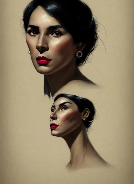 Prompt: portrait of a hispanic woman with a crooked nose and a confident expression, 1 9 6 0 s, black clothes, punk, funk, intricate, elegant, highly detailed, digital painting, artstation, concept art, smooth, sharp focus, illustration, art by wlop, mars ravelo and greg rutkowski